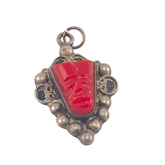 Vintage Sterling Silver & Red OnyxTribal Mask Pendant Necklace - Picture 6 of 7